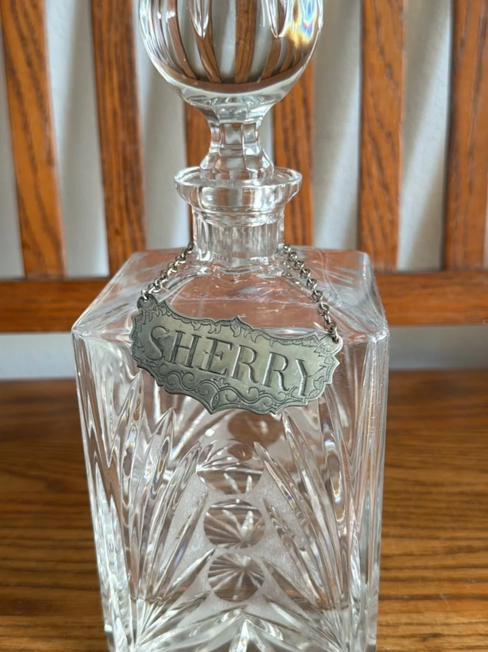 Clear Cut Crystal Sherry Decanter with Silver Tone Tag